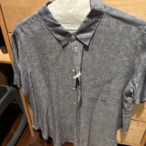 Light denim linen, short sleeve, blouse, or topper